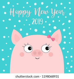 Happy New Year 2019. Pig piggy piglet girl face head. Pink bow. Chinise symbol. Snow flake falling down. Cute cartoon funny character. Flat design. Blue background. Isolated. Vector illustration