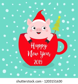Happy New Year 2019. Pig sitting in red coffee cup teacup. Cute cartoon character. Santa hat. Fir tree. Face and hands. Hello winter. Merry Christmas. Snowflake. Blue background. Flat design. Vector