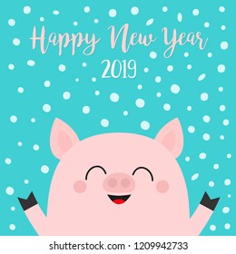 Happy New Year 2019. Pig piggy piglet face head. Hands up. Chinise symbol. Snow flake falling down. Cute cartoon funny character. Flat design. Blue background. Isolated. Vector illustration