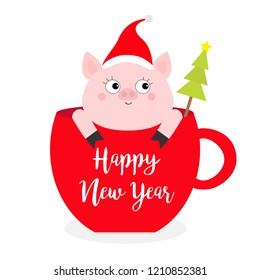 Happy New Year 2019. Pig sitting in red coffee cup teacup. Fir tree. Santa hat. Face and hands. Cute cartoon character. Hello winter. Merry Christmas. White background. Flat design. Vector