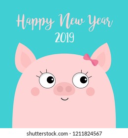 Happy New Year 2019. Pig piggy piglet girl face head. Eyes with eyelashes. Pink bow. Chinise symbol. Cute cartoon funny character. Flat design. Blue background. Isolated. Vector illustration