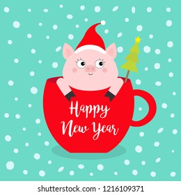 Happy New Year 2019. Pig sitting in red coffee cup teacup. Fir tree. Santa hat. Face and hands. Cute cartoon character. Hello winter. Merry Christmas. Snowflake. Blue background. Flat design. Vector