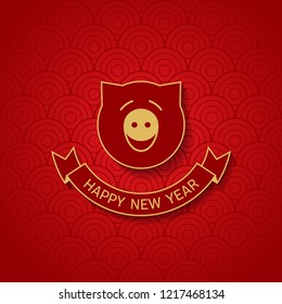 Happy New Year, 2019 the year of the Pig. Chinese new year 2019 poster with oriental pattern. Vector illustration with a stylized lineart pig face with smile.