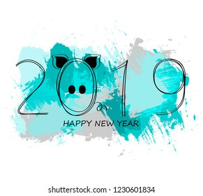 Happy new year 2019. Year of the pig. Hand drawn illustration