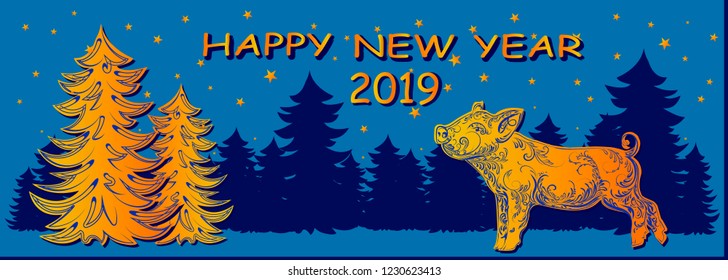 Happy New Year 2019, pig in a night forest near a golden tree Vector illustration EPS10
