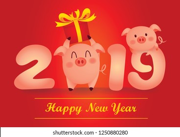 happy new year 2019 ,Happy Pig Year,Little pig holds New Year gift box.