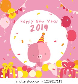 Happy New Year 2019 : Year of pig greeting card template : Vector Illustration