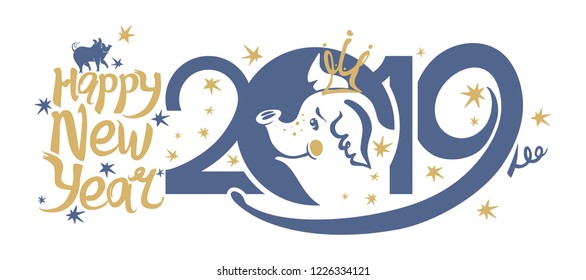 Happy New Year 2019. Pigs and Stars 2019. Horizontal vector template for new year design. 2019. Year of the Pig 2019. 