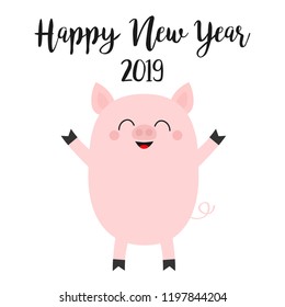Happy New Year 2019. Pink pig. Piggy piglet. Chinise symbol. Cute cartoon funny kawaii smiling baby character. Flat design. White background. Isolated. Vector illustration