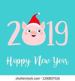 Happy New Year 2019 pink text. Cute pig face head. Red santa hat. Piggy piglet. Chinise symbol. Cartoon funny kawaii smiling baby character. Flat design. Blue background. Isolated. Vector illustration