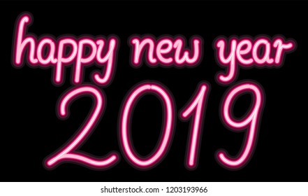 Happy New Year 2019. Pink neon inscription with lights all in vector
