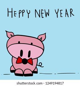 Happy New Year 2019 pink pig cute bow tie drawing with blue background white text box and handwriting