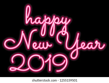 Happy New Year 2019 - pink neon inscription with lights all in vector