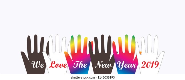 Happy New Year 2019 postcard background vector illustration image art with abstract concepts of friendship, love, diversity, unity, and social justice