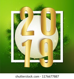 Happy New Year 2019 postcard on fir tree round banner, vector illusration