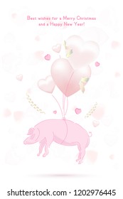 Happy new year 2019 Postcard with pink pig zodiac sign and with balloons in the form of hearts on background with ribbons. Flat vector illustration EPS10.