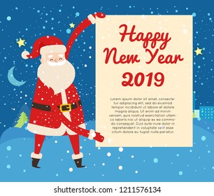 Happy New Year 2019 postcard from Santa Claus on dark snowy night background. Vector illustration of standing man in red warm coat and trousers, soft hat and gloves, black belt, boots among field
