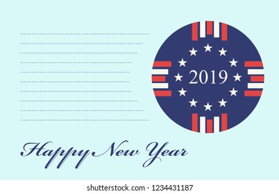 Happy New Year 2019 postcard template with a creative abstract clock-like design of US flag vector illustration background