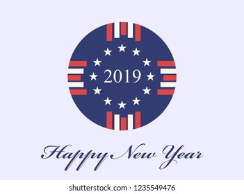 Happy New Year 2019 postcard template with a creative abstract clock-like design of US flag vector illustration background