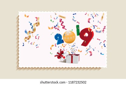 Happy New Year 2019 postcard,surprising box with numbers and colorful confetti jumping out like a jack in the box