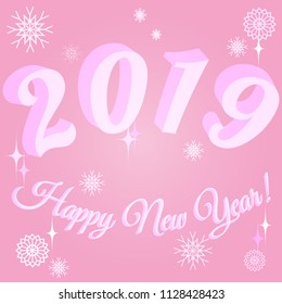 Happy New Year 2019. Сongratulatory poster with pastel voluminous figures on blurred sparkling background. Vector illustration for design of poster, postcard, flyer for Christmas or New Year.