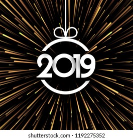 Happy New Year 2019 poster with abstract Christmas ball and firework. Vector background.