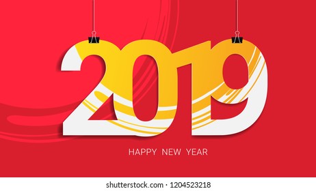 Happy New Year 2019. Poster design of 
watercolor splash design concept. Holiday Vector Illustration.