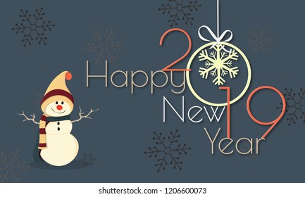 Happy New Year 2019 poster or template design with illustration of snowman and hanging bauble on grey snowflake background.