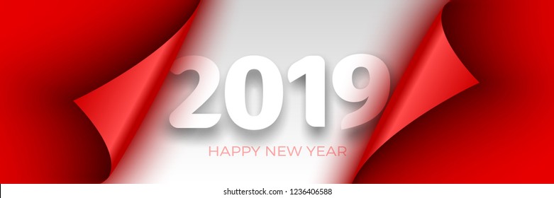 Happy New Year 2019 poster. Red ribbon with curved edges on white background. Sticker. Vector illustration.