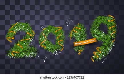 Happy New Year 2019 poster. Banner with snow and green branches of christmas tree, fir with gold serpentine and golden ribbon. Christmas design, decor. Vector illustration.