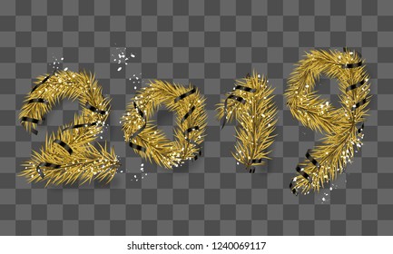 Happy New Year 2019 poster. Banner with snow and golden branches of christmas tree, fir with black serpentine and ribbon. Christmas gold design, decor. Vector illustration.