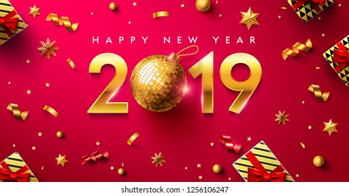 Happy New year 2019 Poster or banner with gift box,golden ribbon and confetti.Promotion or shopping template for Happy New year 2019 in golden and red style.Vector EPS10