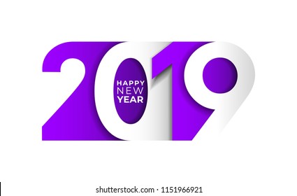 Happy New Year. 2019 purple number text design typography pattern. Design for greeting poster and cards, calendars, banners, site, business card, covers. Vector illustration