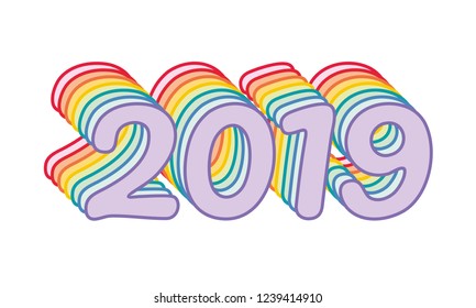 Happy New Year 2019 rainbow text design. Cover of diary for 2019 with wishes. Brochure design template, card, banner, poster, sticker. Vector illustration. Isolated on white background.