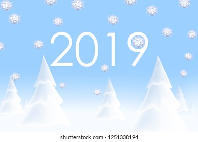 Happy New Year 2019. Realistic snowdrift. Snow background. Winter snowy landscape with christmas trees. Vector illustration with snow drift.