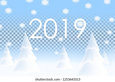 Happy New Year 2019. Realistic snowdrift on transparent background. Winter snowy landscape with christmas trees. Vector illustration with snow hills.