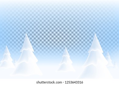 Happy New Year 2019. Realistic snowdrift on transparent background. Winter snowy landscape with christmas trees. Vector illustration with snow hills.