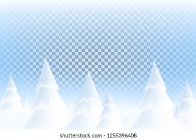 Happy New Year 2019. Realistic snowdrift on transparent background. Winter snowy landscape with christmas trees. Vector illustration with snow hills.
