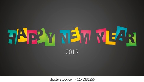 Happy New Year 2019 rectangle color letters black landscape background