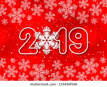 Happy New Year 2019 red paper cut out background with snowflake decoration. Vector illustration