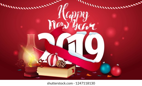 Happy New Year 2019 - red New Year greeting card with books and antique lamp