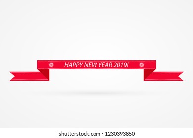Happy New Year 2019 ribbon illustration. Winter holiday decoration vector symbol. Isolated red and white sign. Decorative icon with snowflakes for celebration, party