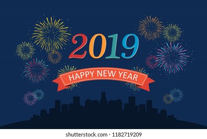 Happy new year 2019 in ribbons with colorful fireworks and round city skyline at night on dark blue color background