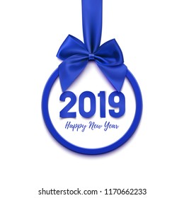 Happy New Year 2019 round banner with purple ribbon and bow,  isolated on white background. Christmas tree decoration. Greeting card template. Vector illlustaration.