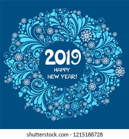 Happy new year 2019! Round frame. Wreath. Winter card. Vector illustration.