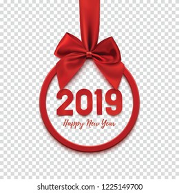 Happy New Year 2019 round abstract banner with red ribbon and bow, on abstract winter background with snow and snowflakes. Christmas tree decoration. Greeting card template. Vector illlustaration.