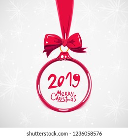 Happy New Year 2019 round abstract banner with red ribbon and bow, on abstract winter background with snow and snowflakes. Christmas tree decoration. Greeting card template. Vector illlustaration.