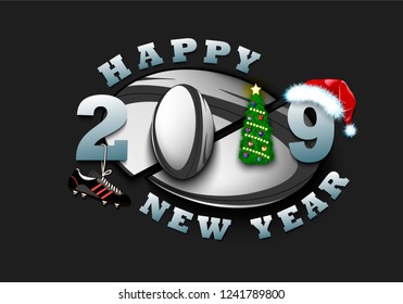 Happy new year 2019 and rugby ball with Christmas trees on an isolated background. Creative design pattern for greeting card, banner, poster, flyer,  invitation, calendar. Vector illustration