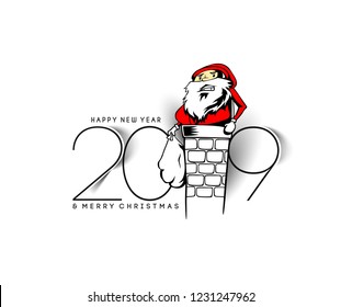 Happy New Year 2019 with Santa Claus stuck in the chimney, Vector illustration.