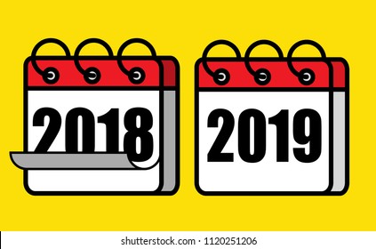 Happy New Year 2019 And Say Good Bye Year 2018 Concept: White And Red Flat Icon Design Year 2018 And 2019 Isolated On Yellow Background. Cute And Colorful Icon